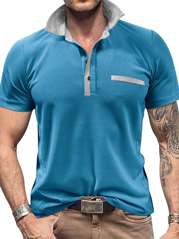 Men's casual lapel color block short sleeve polo shirt in blue.
