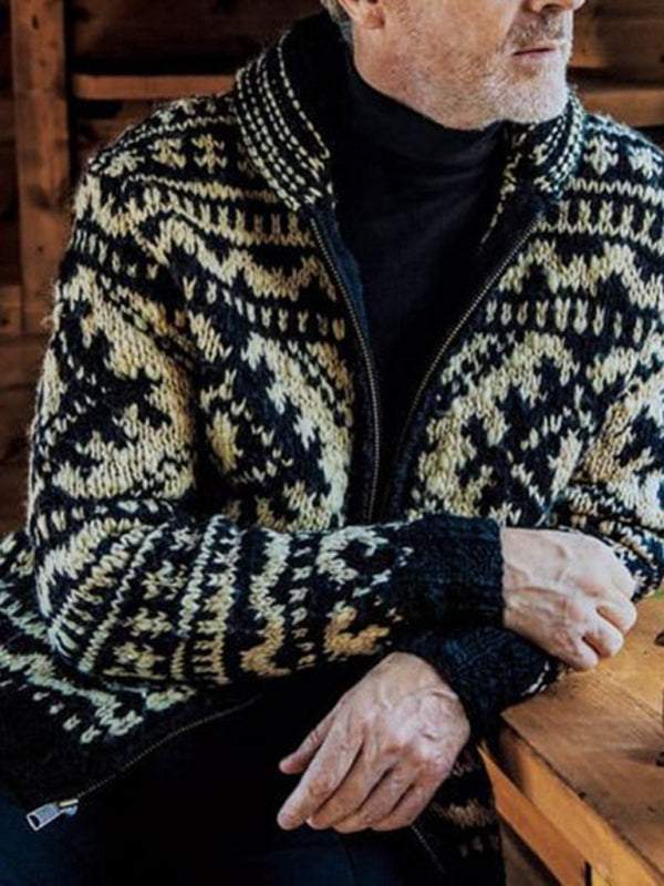 Men's jacquard knit lapel jacket with long sleeves in black and beige for autumn-winter comfort.