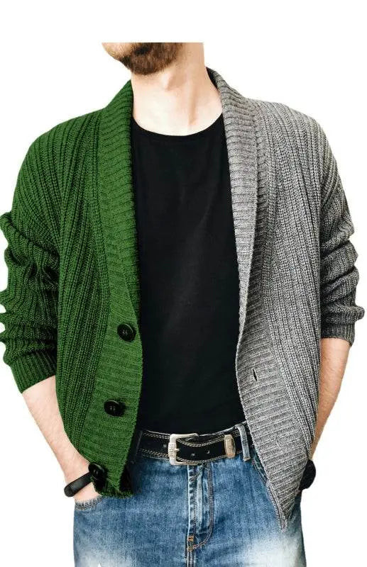 MENLL Two-Tone Patchwork Cardigan Men's Casual Long Sleeve Stylish Knit by MENLL