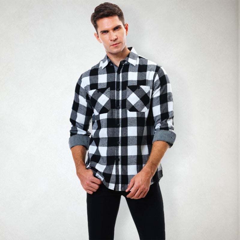 Men's flannel plaid shirt in classic black and white pattern, long sleeves, versatile casual wear.