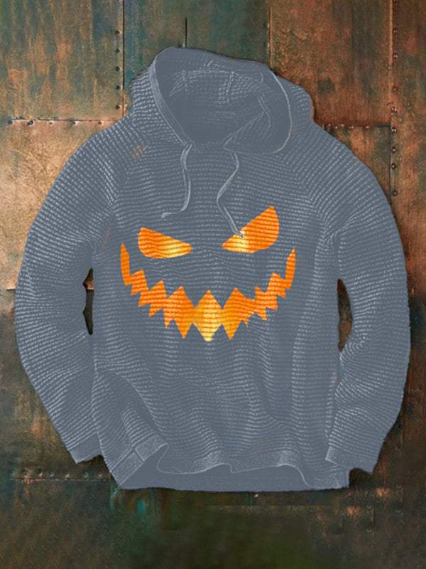 Pumpkin digital print hooded sweatshirt for men, festive Halloween style.