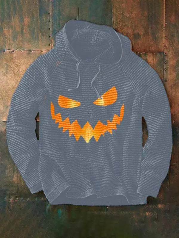 Pumpkin digital print hooded sweatshirt for men, festive Halloween style.