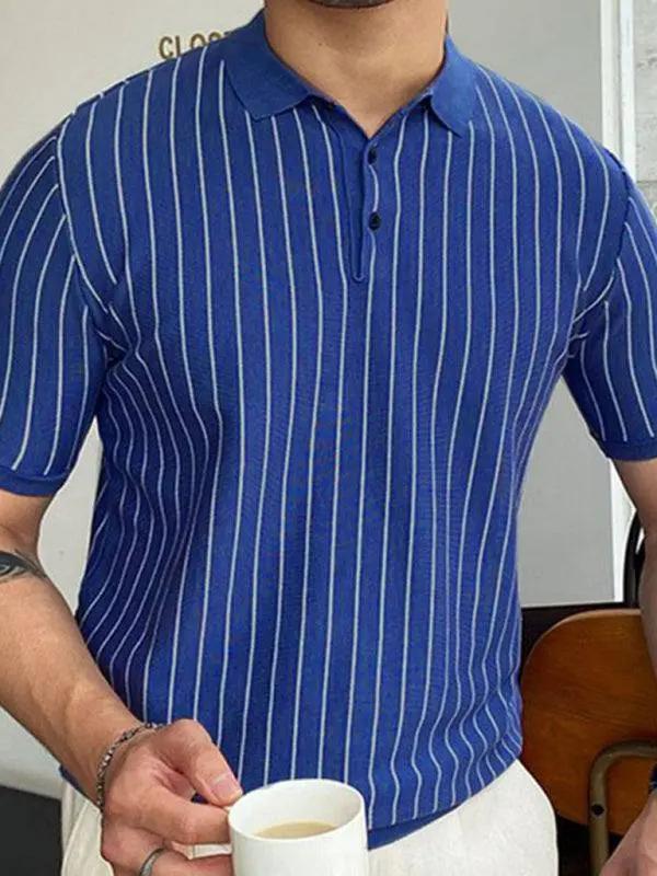 Chic Summer Striped Knit Polo Shirt - Short-Sleeved Business Casual Elegance - MENLL
