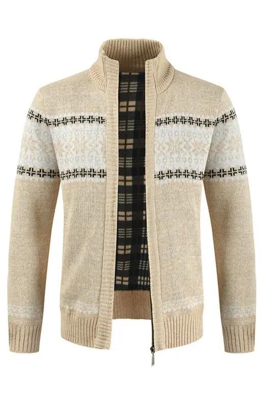 Stylish Men's Colorblock Cardigan Sweater with Standing Collar for Casual Elegance - MENLL