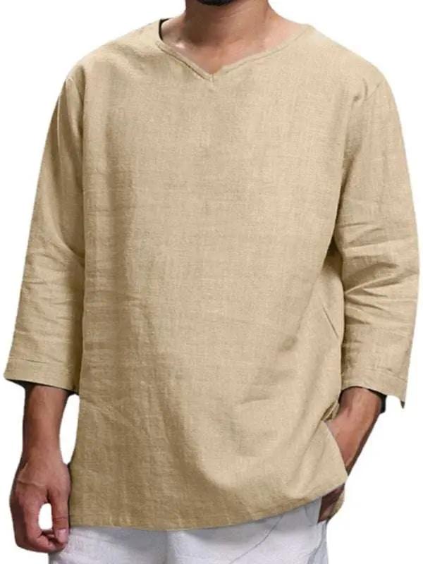 Stylish Men's V-Neck Long Sleeve Cotton-Linen Shirt for Effortless Elegance - MENLL