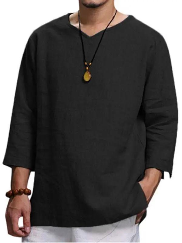 Stylish Men's V-Neck Long Sleeve Cotton-Linen Shirt for Effortless Elegance - MENLL