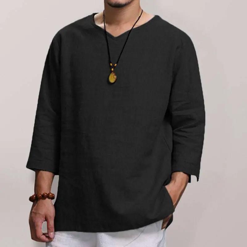 Stylish Men's V-Neck Long Sleeve Cotton-Linen Shirt for Effortless Elegance - MENLL