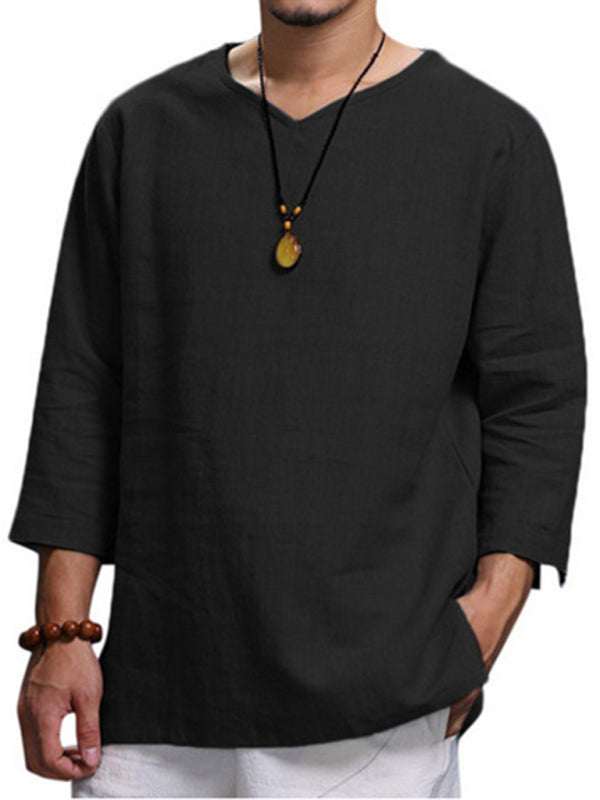 Stylish Men's V-Neck Long Sleeve Cotton-Linen Shirt for Effortless Elegance - MENLL