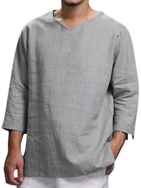 Stylish Men's V-Neck Long Sleeve Cotton-Linen Shirt for Effortless Elegance - MENLL