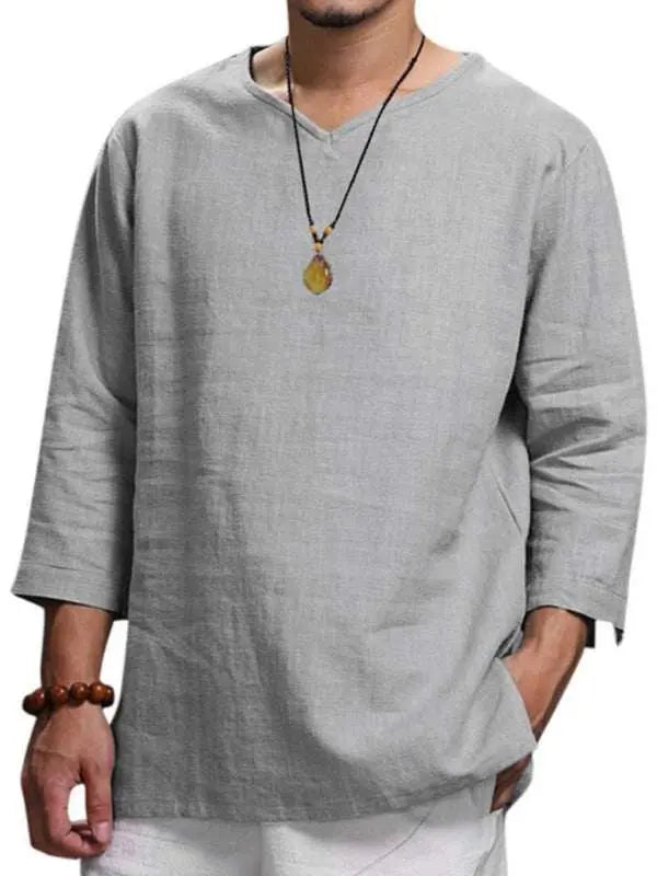 Stylish Men's V-Neck Long Sleeve Cotton-Linen Shirt for Effortless Elegance - MENLL