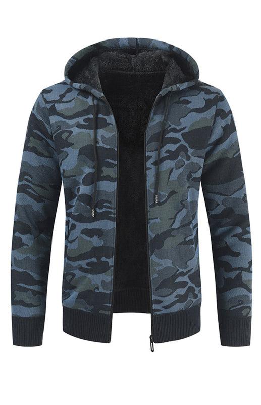 Urban camo hooded cardigan with trendy design and functional pockets for men's athleisure wear.