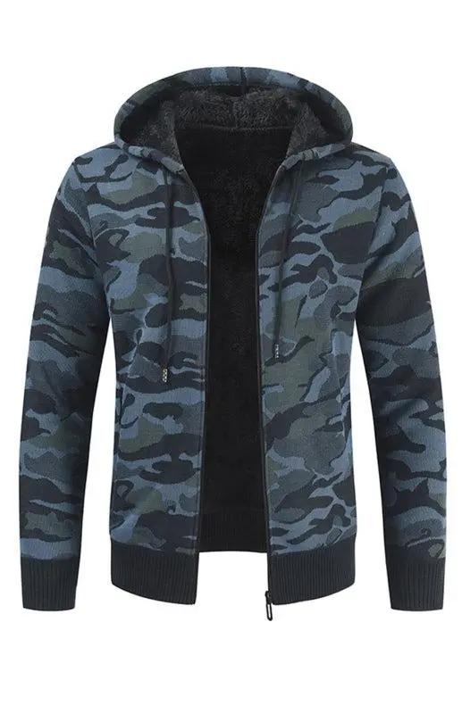 Urban camo hooded cardigan with trendy design and functional pockets for men's athleisure wear.