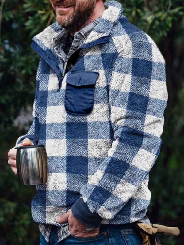 Cozy Plaid Plush Long-Sleeve Sweatshirt for Men - Stylish Comfort for Every Occasion - MENLL