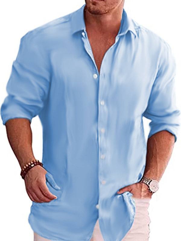 Solid color linen lapel long sleeve casual men's shirt for spring and summer.