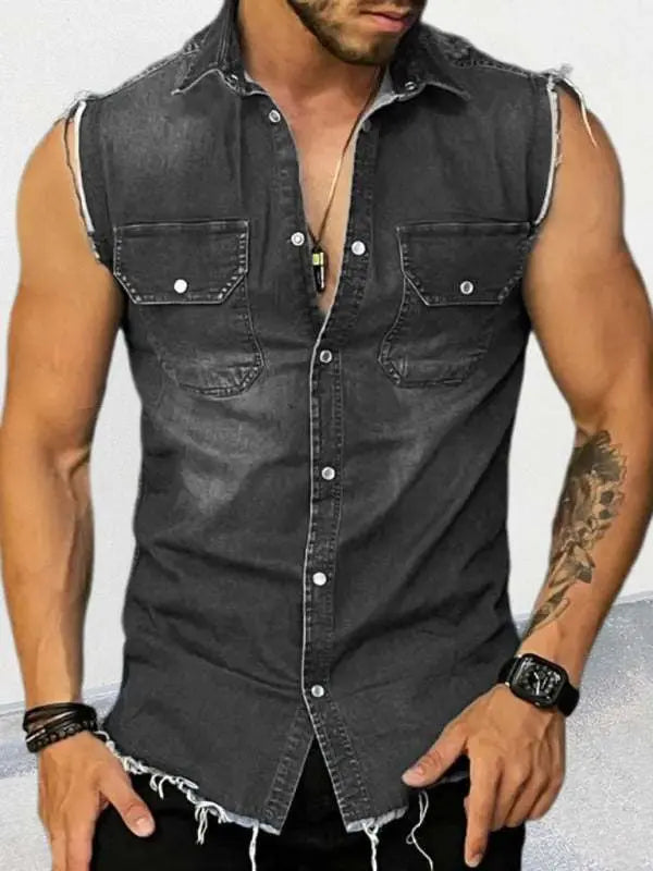 Stylish Men's Sleeveless Denim Shirt with Lapel Collar - Perfect for Spring-Summer Outings! - MENLL