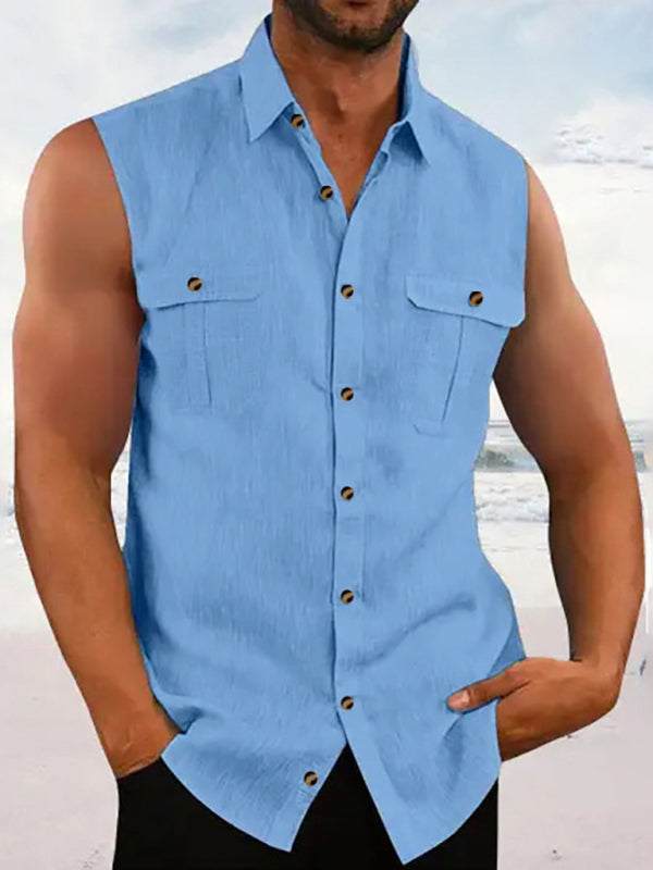 Vibrant multi-color washed cotton sleeveless shirt for spring-summer adventures; soft, breathable, high-quality cotton fabric with dropped shoulders.