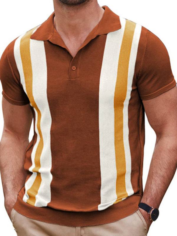 Chic Striped Jacquard Polo Sweater: Short-Sleeved Business Casual Essential for Effortless Style - MENLL