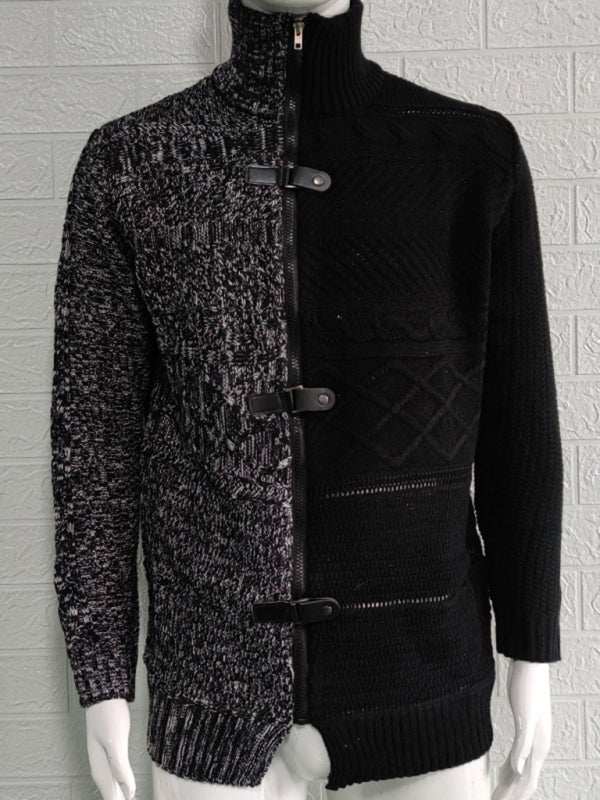 Sophisticated High-Necked Knit Cardigan for Men - Stylish Long-Sleeved Comfort with Chic Buckle Detailing - MENLL