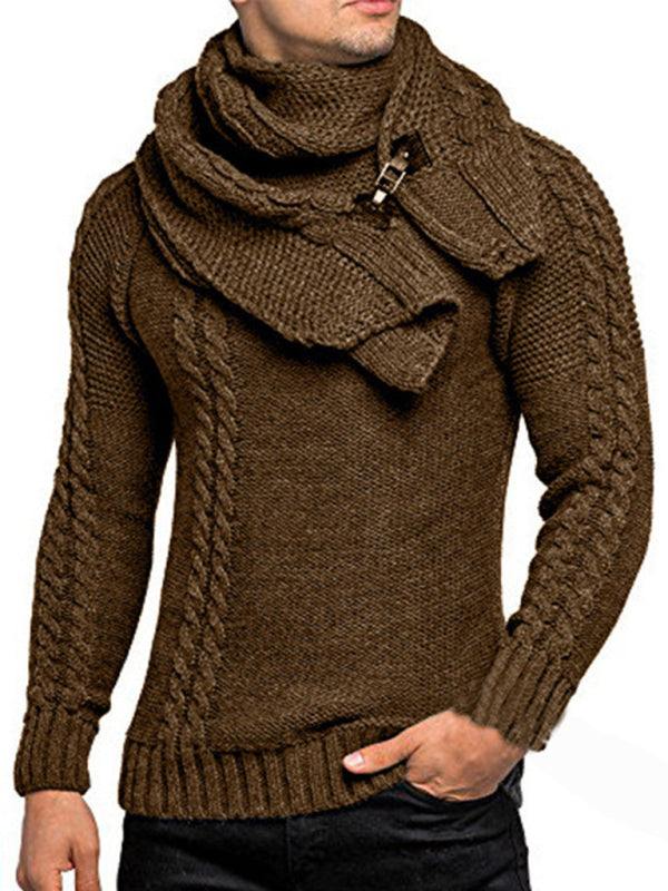 Fashionable solid color twist knitted sweater pullover with scarf design for men.