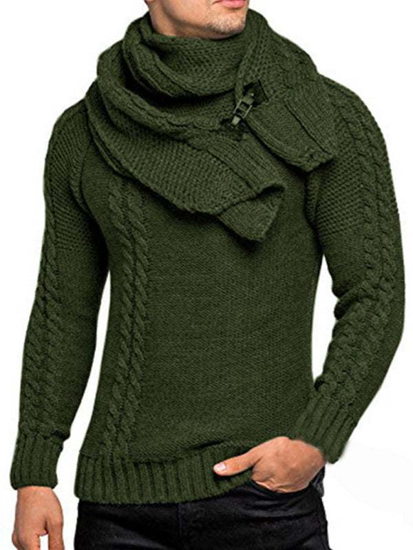 Chic Men's Solid Color Twist Knit Sweater Pullover with Scarf Design for Effortless Style
