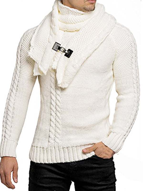 Chic Men's Solid Color Twist Knit Sweater Pullover with Scarf Design for Effortless Style
