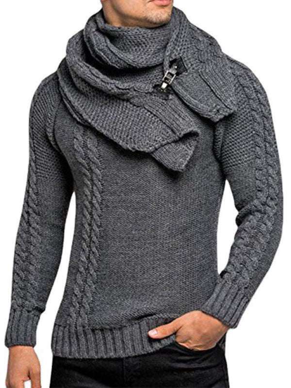 Chic Men's Solid Color Twist Knit Sweater Pullover with Scarf Design for Effortless Style
