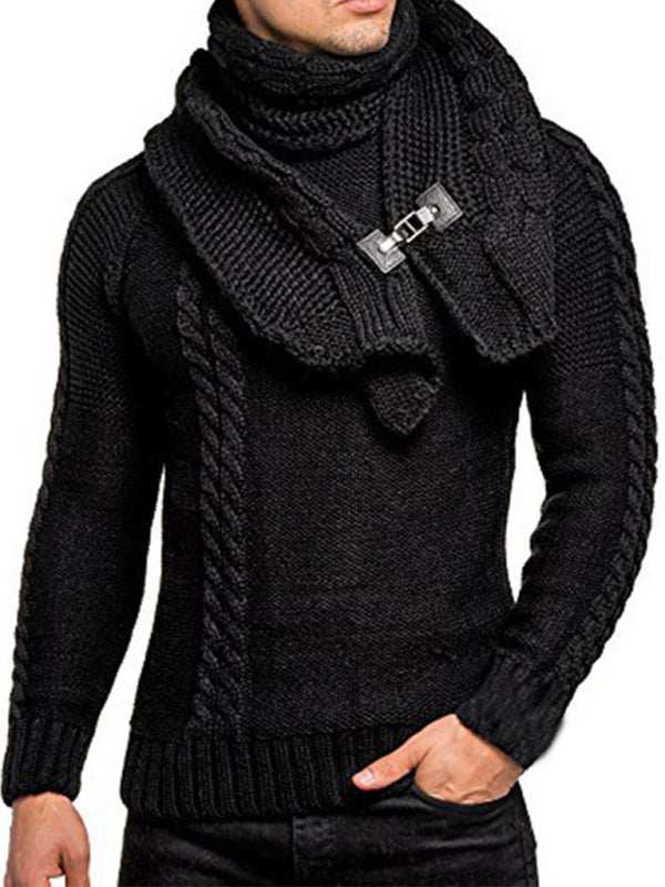 Chic Men's Solid Color Twist Knit Sweater Pullover with Scarf Design for Effortless Style