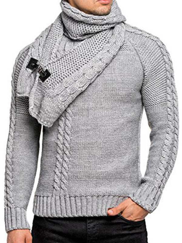 Chic Men's Solid Color Twist Knit Sweater Pullover with Scarf Design for Effortless Style