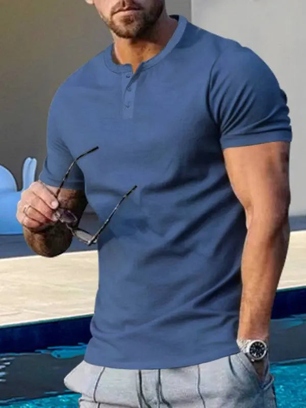 MENLL Slim Fit Henley Shirt Men's Sporty Casual Blue Top Perfect Fit by MENLL