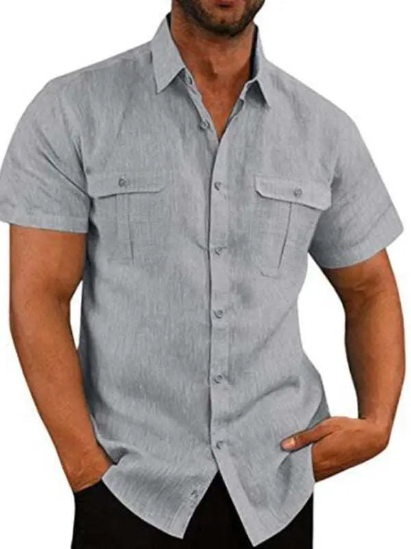 Stylish Men's Double Pocket Cotton-Linen Short Sleeve Shirt for Effortless Casual Elegance - MENLL