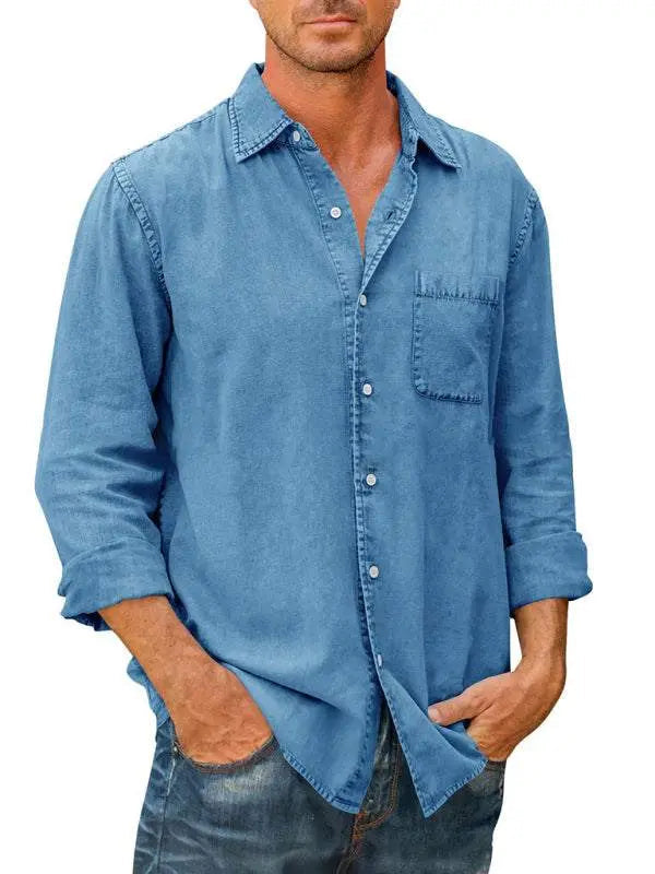 MENLL Denim Shirt Slim Fit Men's Casual Blue Cotton Button-Down by MENLL