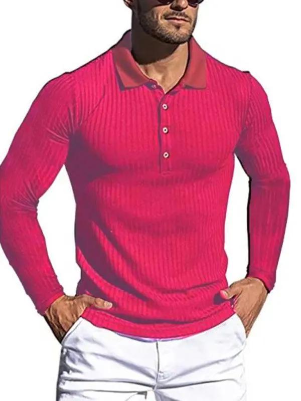 Stylish Men's Slim-Fit Long Sleeve High-Elastic Vertical Stripe POLO Shirt for All Seasons - MENLL