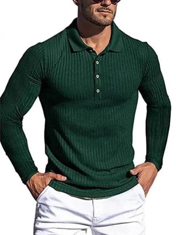 Stylish Men's Slim-Fit Long Sleeve High-Elastic Vertical Stripe POLO Shirt for All Seasons - MENLL