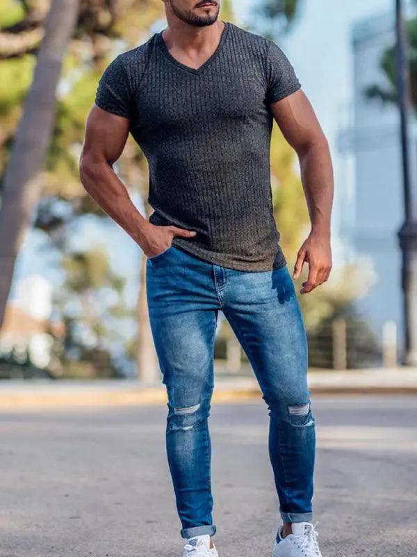 Elevate Your Workout: Slim Fit V-Neck Breathable Sports Tee for Summer Adventures - MENLL