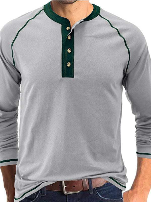 Stylish Men's Colorblock Long Sleeve T-Shirt with Button Detail - Perfect for Every Season!