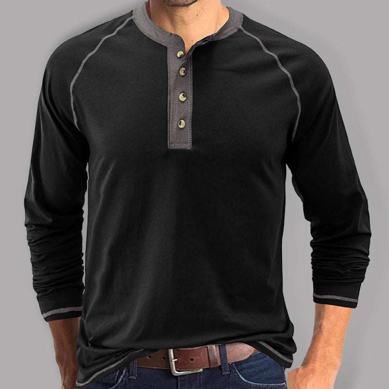 Stylish Men's Colorblock Long Sleeve T-Shirt with Button Detail - Perfect for Every Season!