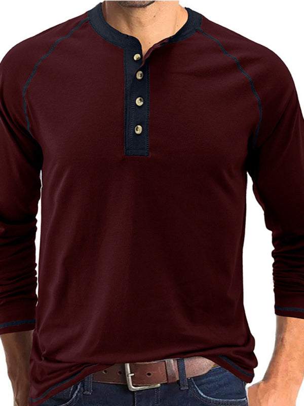 Stylish Men's Colorblock Long Sleeve T-Shirt with Button Detail - Perfect for Every Season!