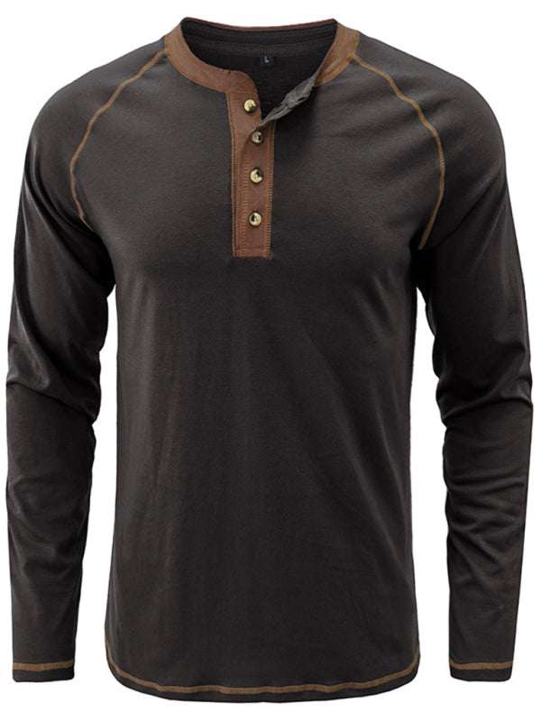 Stylish Men's Colorblock Long Sleeve T-Shirt with Button Detail - Perfect for Every Season!