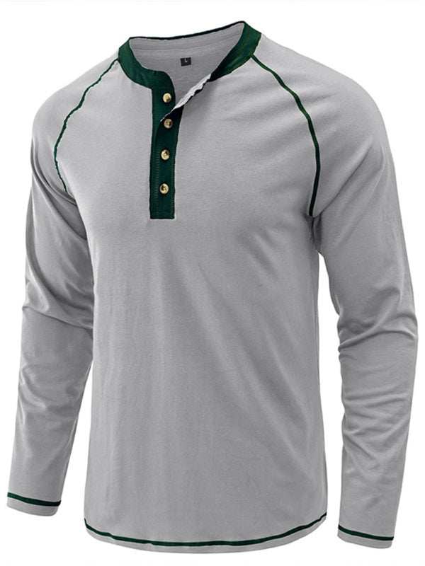 Stylish Men's Colorblock Long Sleeve T-Shirt with Button Detail - Perfect for Every Season!