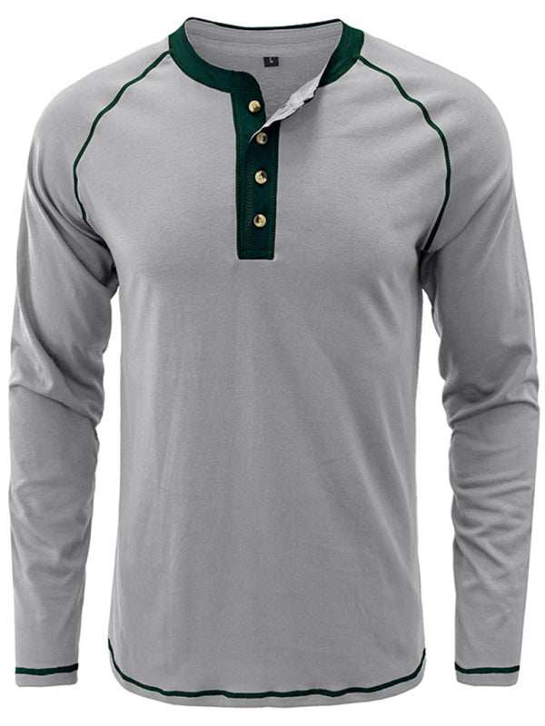 Stylish Men's Colorblock Long Sleeve T-Shirt with Button Detail - Perfect for Every Season!