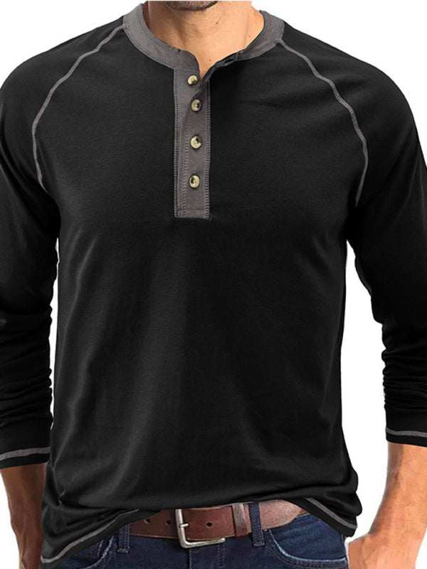Stylish Men's Colorblock Long Sleeve T-Shirt with Button Detail - Perfect for Every Season!