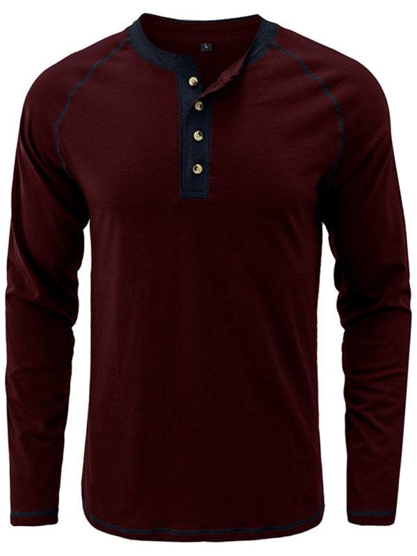 Stylish Men's Colorblock Long Sleeve T-Shirt with Button Detail - Perfect for Every Season!