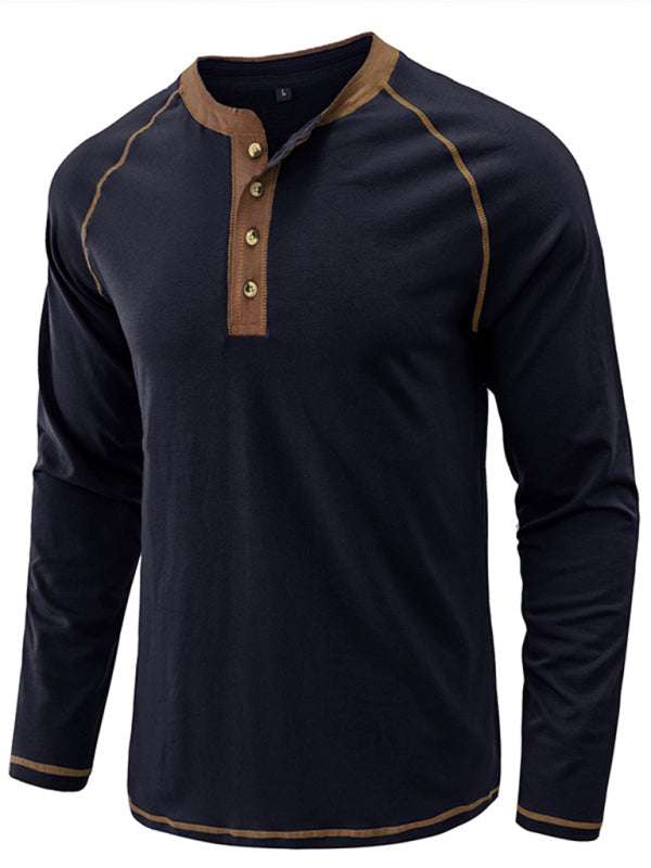 Stylish Men's Colorblock Long Sleeve T-Shirt with Button Detail - Perfect for Every Season!