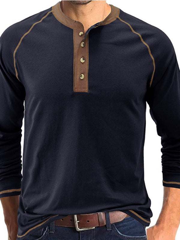 Stylish Men's Colorblock Long Sleeve T-Shirt with Button Detail - Perfect for Every Season!