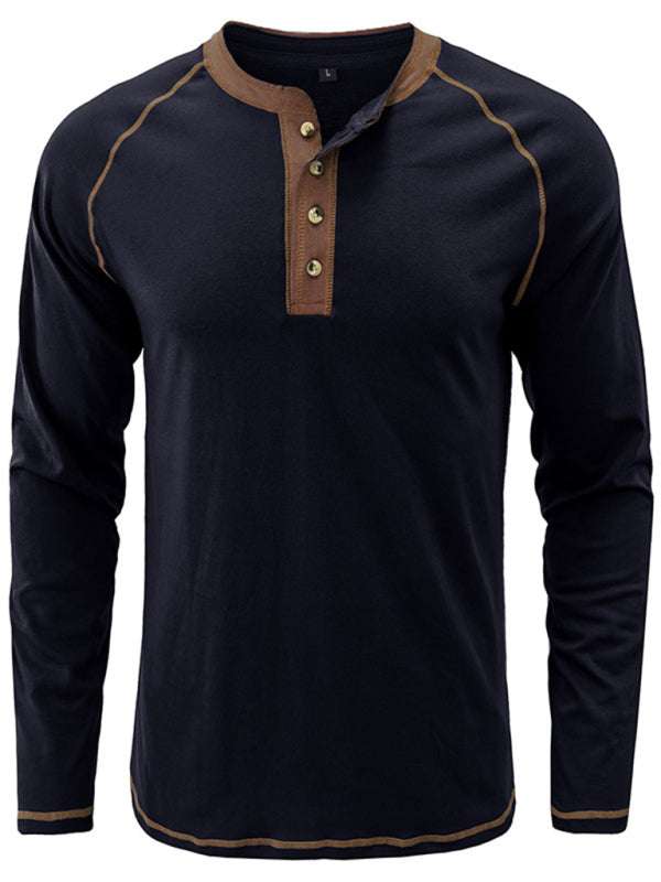 Stylish Men's Colorblock Long Sleeve T-Shirt with Button Detail - Perfect for Every Season!
