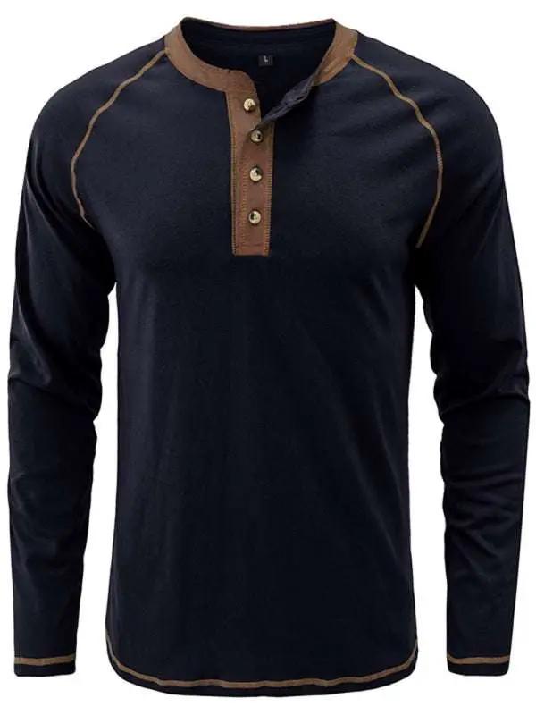 Stylish Men's Colorblock Long Sleeve T-Shirt with Button Detail - Perfect for Every Season! - MENLL