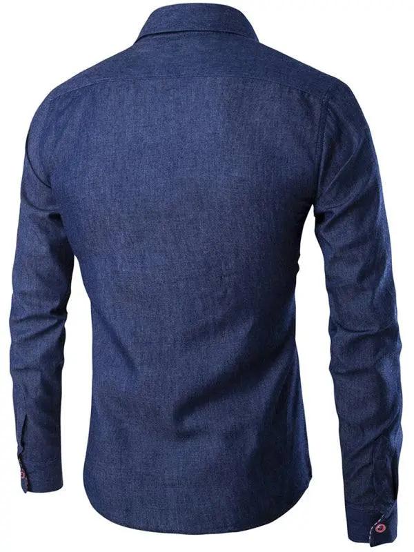 Stylish Men's Denim Long Sleeve Shirt with Leather Pocket Detail - Perfect for Casual Outings - MENLL
