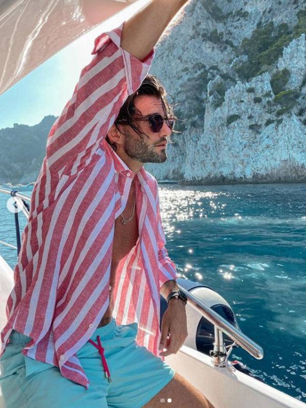 Stylish Striped Lapel Shirt for Men - Comfortable Casual Beach Print Long Sleeves - MENLL