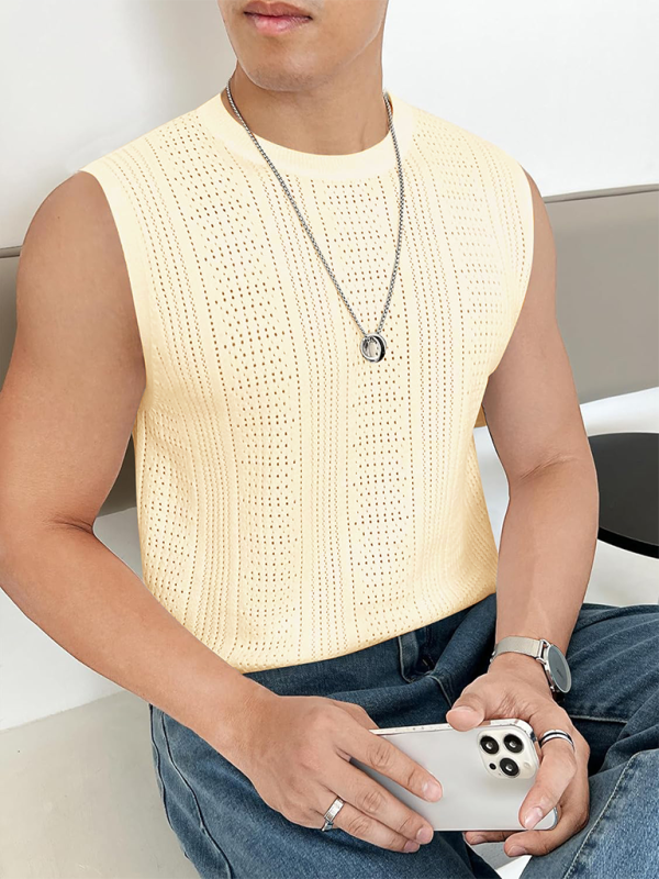Chic Sleeveless Knit Vest for Men - Breathable Solid Color Fashion Statement with Round Neck Design - MENLL