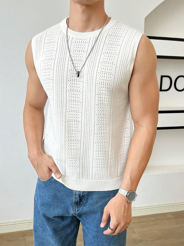 Chic Sleeveless Knit Vest for Men - Breathable Solid Color Fashion Statement with Round Neck Design - MENLL